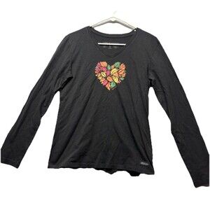 Life is Good Fall Leaf Heart Black Long Slv Crusher Lite V Neck Tee Size Small